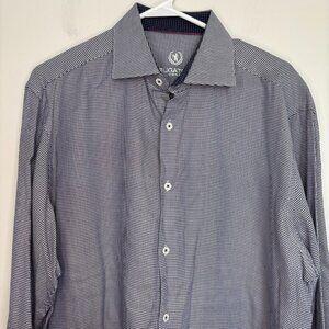 BUGATCHI Uomo Button Up Dress Shirt Mens 16.5 34/35 Navy Houndstooth Long Sleeve